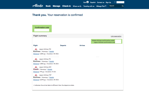 アラスカ航空マイルでJAL特典航空券の座席指定